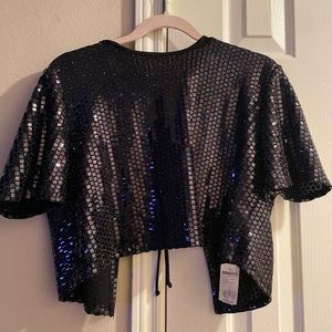 Navy Sequin Open Back Cropped Blouse
